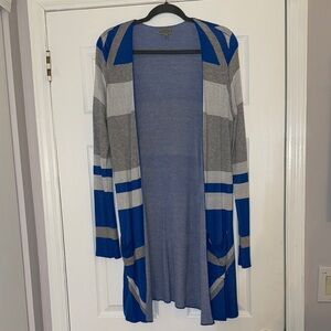 Blue and Gray Striped Cardigan Sweater